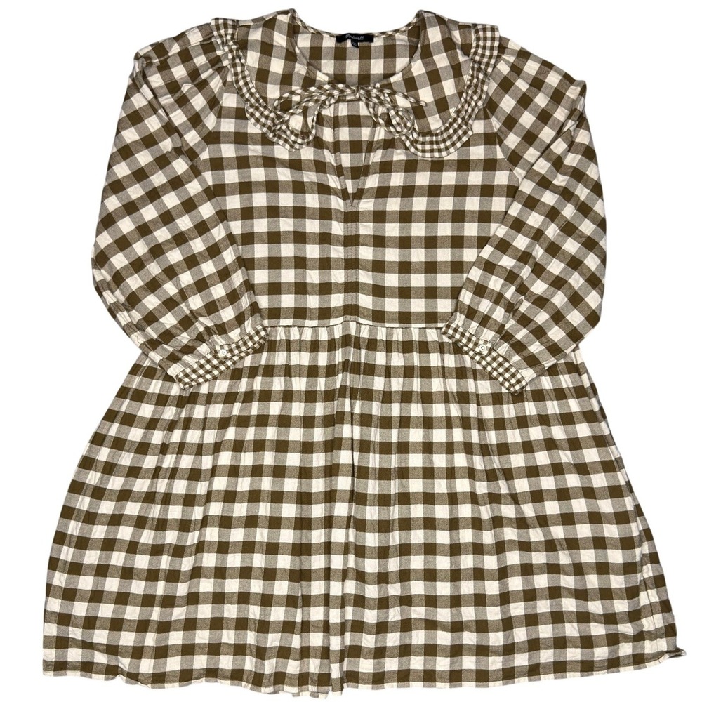 Madewell Babydoll Dress XXL Brown Gingham Peter Pan Collar Tie Neck 3/4 Sleeve